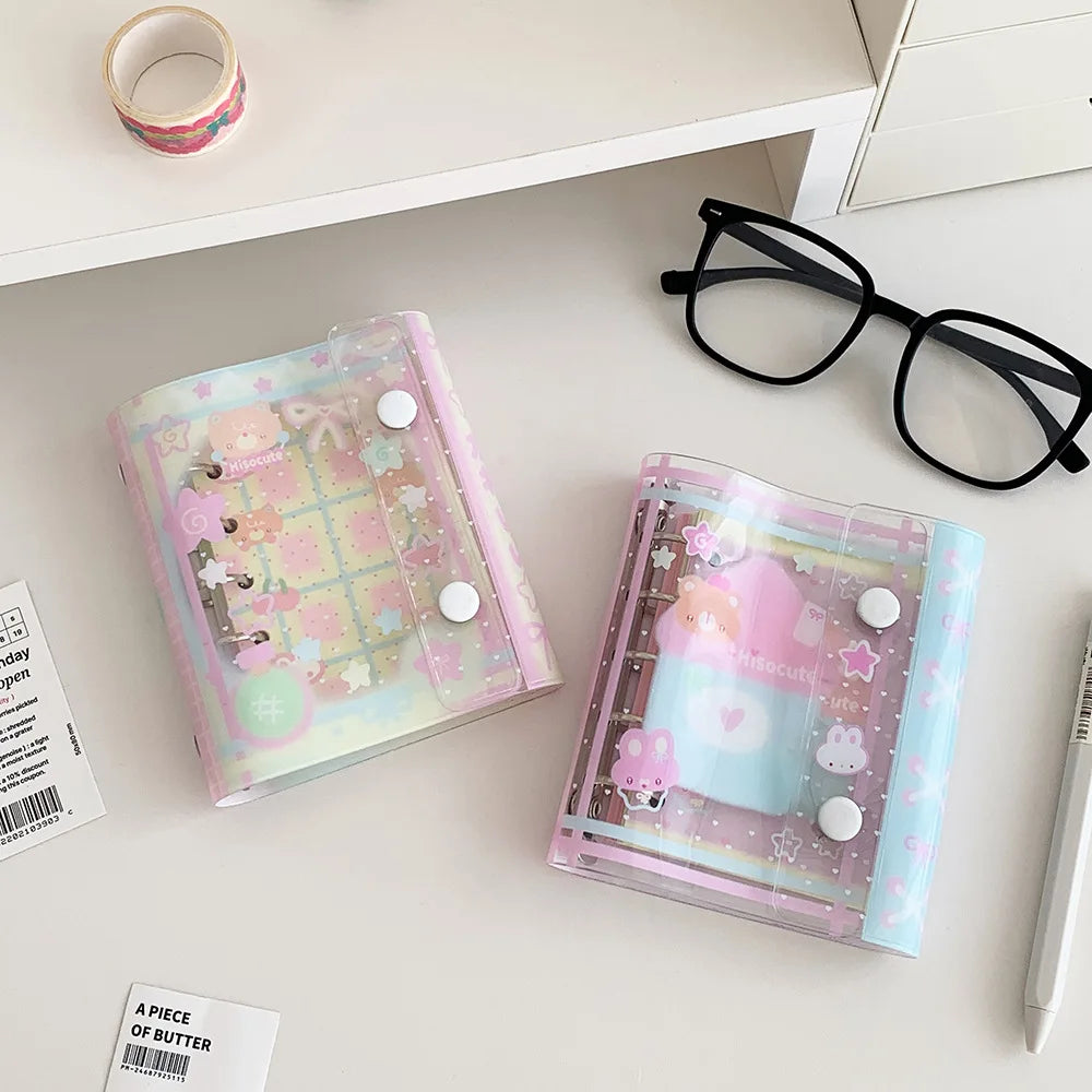 Cuaderno de hojas sueltas M5 con diseño de osito estilo dibujos animados; cuaderno transparente estilo kawaii para estudiantes, artículos de papelería, diario para chicas y libreta de tareas.