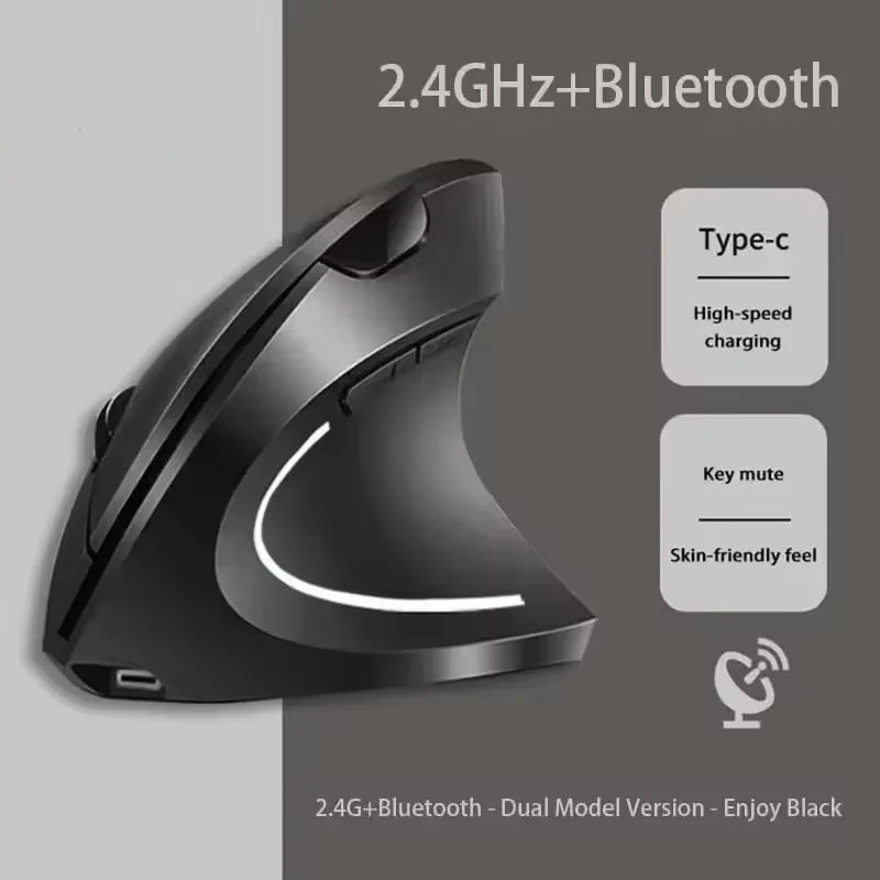 Nuevo ratón vertical inalámbrico recargable (Bluetooth y 2,4 GHz) con diseño ergonómico, agarre lateral personalizado y botones silenciosos; apto para gaming y PC