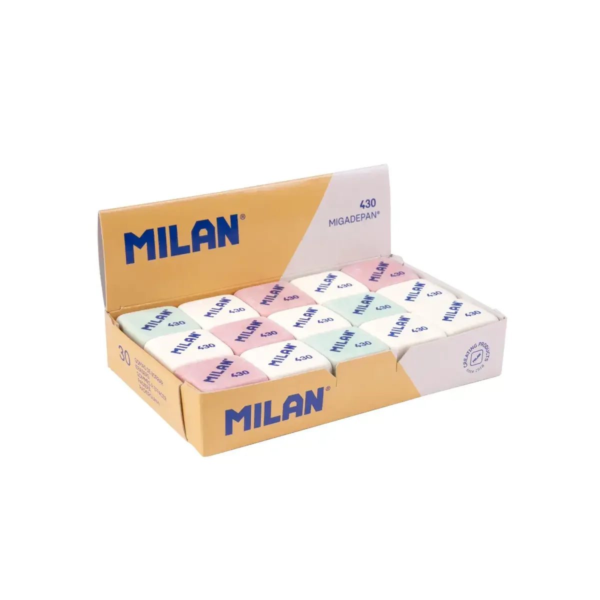 Gomas de borrar Milan 430 cuadradas, colores surtidos en caja de 30 unidades; goma blanda para un borrado limpio, ideal para lápices de grafito sobre todo tipo de papel.