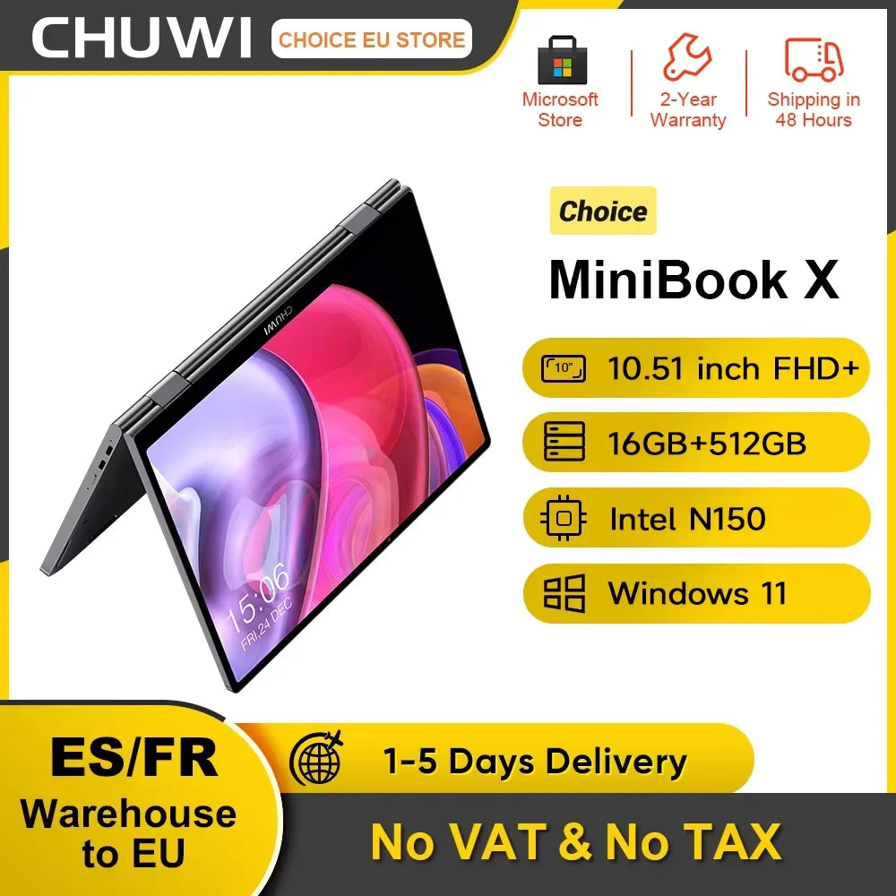 Portátil CHUWI MiniBook X N150 de 10,51 pulgadas, 16 GB de RAM, SSD de 512 GB, diseño 2 en 1 (modo Yoga), Intel, Windows 11, pantalla abatible 360°, WiFi 6.
