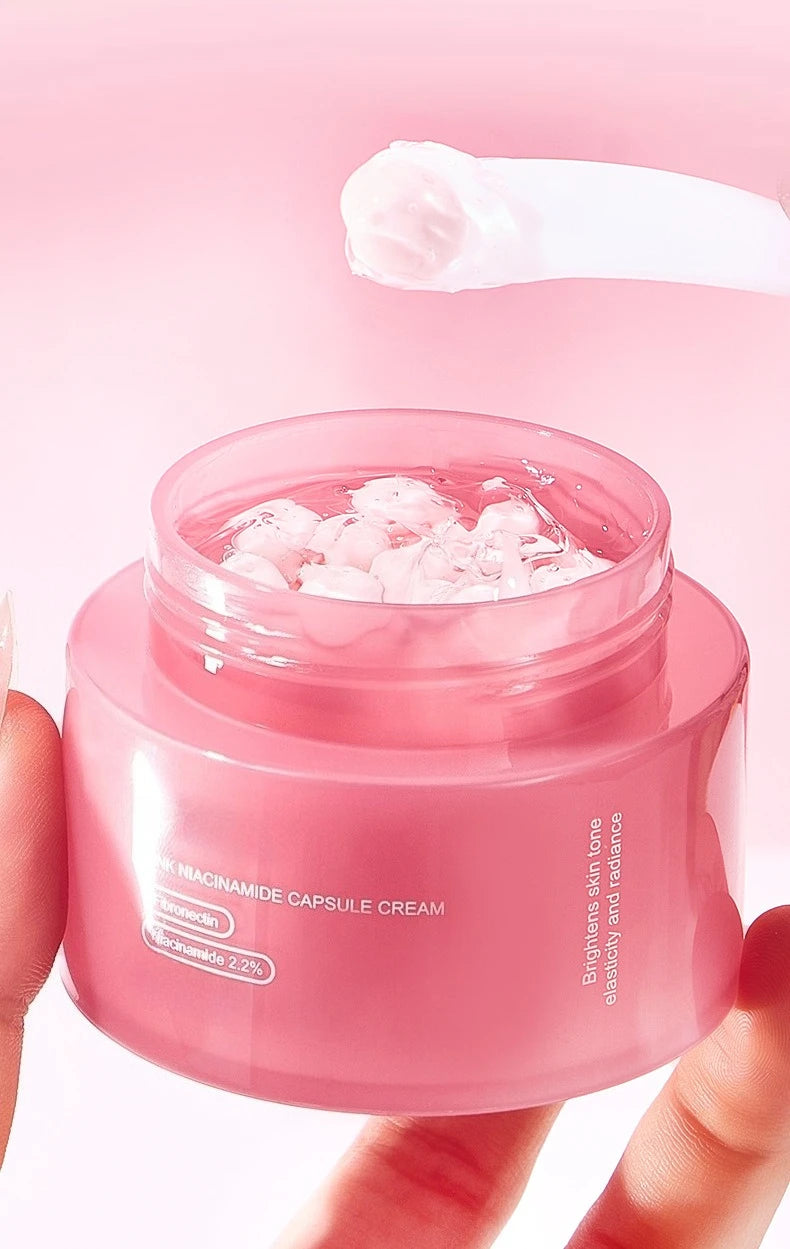 Crema coreana en cápsulas de colágeno rosa y PDRN con niacinamida para tono de piel desigual; hidratante facial ligero y no graso.