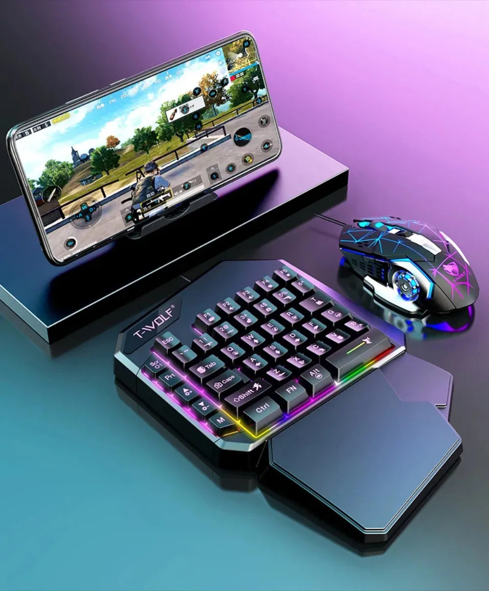 Combo 5 en 1 de teclado y ratón gaming RGB con convertidor para mando de una mano; conexión por cable y baja latencia para PUBG Mobile (Android, iOS y PC).