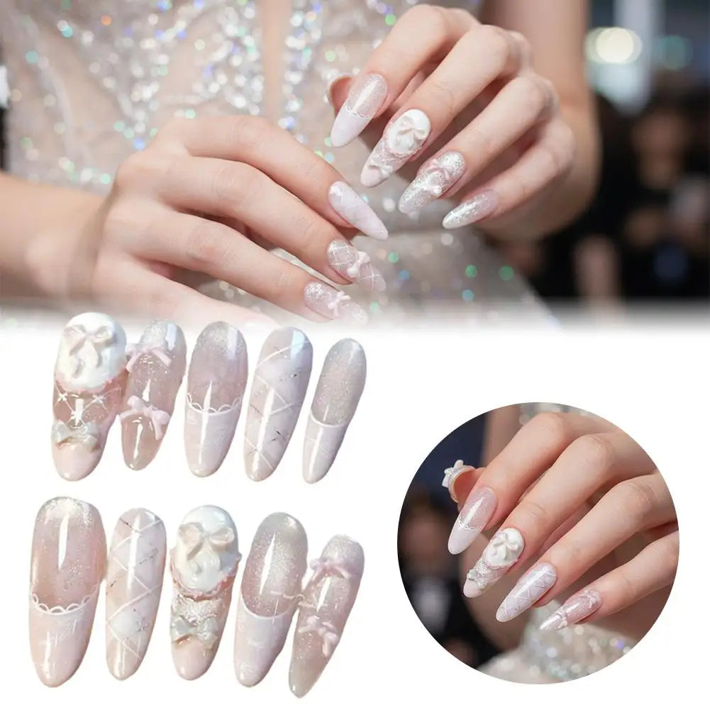Uñas postizas reutilizables hechas a mano con diseño de mariposa y efecto «ojo de gato» rosa (estilo francés); uñas a presión listas para usar.