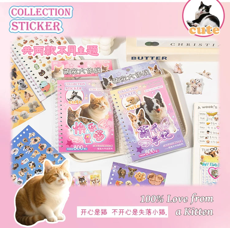 Libro de pegatinas con temática de mascotas adorables (30 hojas/bolsa) con encuadernación de anillas; ideal para scrapbooking, manualidades, collages y decoración de fondos.