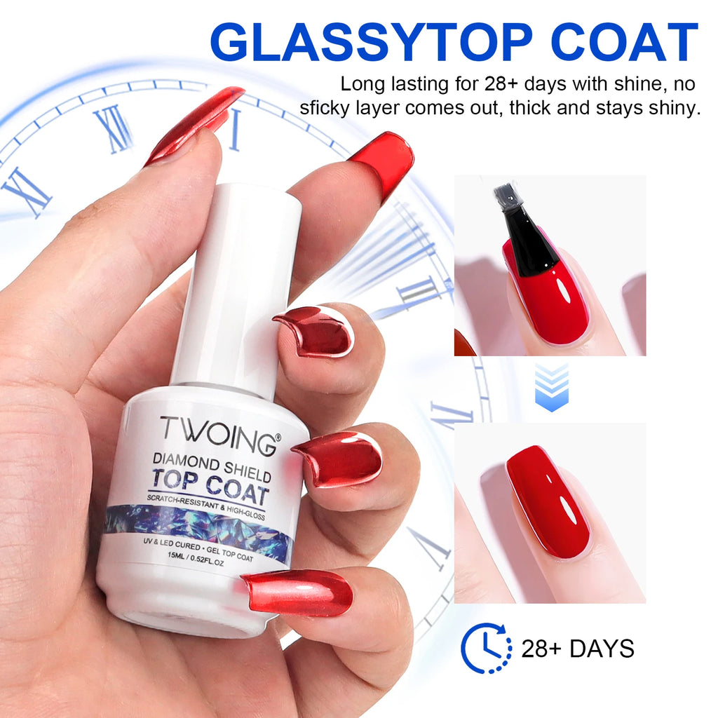 TWOING 15 ml – Nuevo esmalte en gel "Top Coat" Super Shine (acabado diamante); gel sellador sin capa pegajosa (no wipe) para manicura y nail art con calidad de salón.