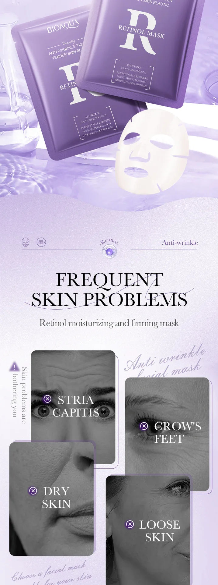 Pack de 5/10 mascarillas faciales BIOAQUA con baba de caracol, ácido hialurónico y retinol; hidratantes y reafirmantes para el cuidado de la piel del rostro.