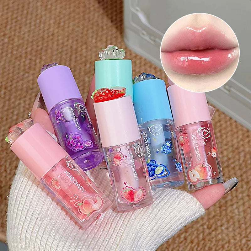Aceite labial con sabor a frutas Jojo Diary: hidrata y humecta, previene los labios agrietados y reduce las arrugas; ideal para el cuidado de los labios en invierno; brillo labial estilo coreano con acabado acuoso.
