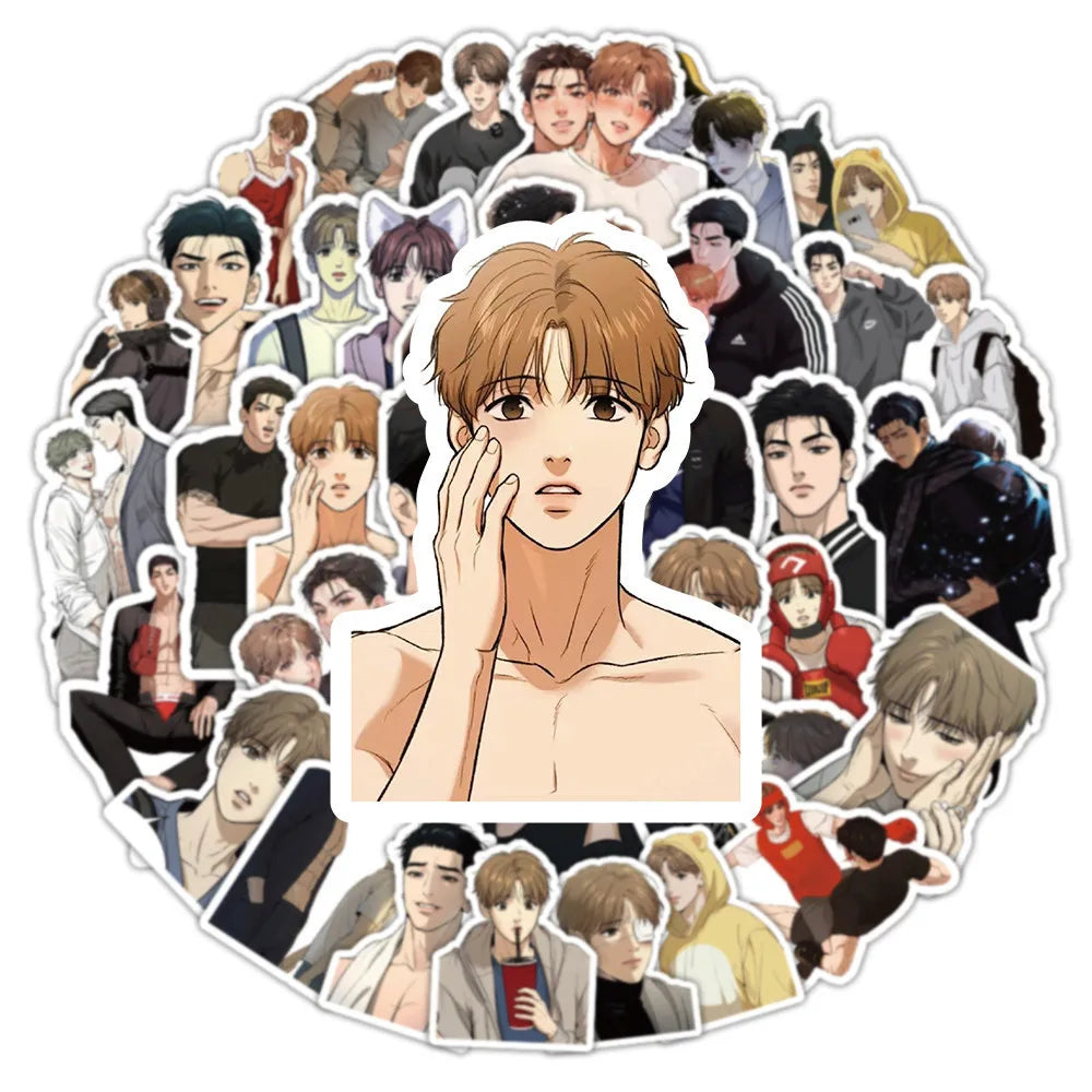 Pack de 53 pegatinas de anime (temática BL/Boys' Love) resistentes al agua; ideales para cascos, bicicletas, diarios, estuches y más.