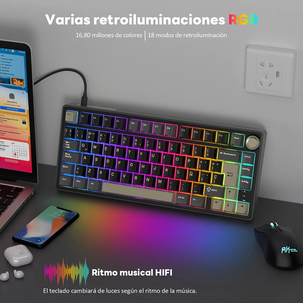 Teclado mecánico RK Royal Kludge R75 (distribución en español) con montaje tipo gasket, formato 80%, retroiluminación RGB, teclas PBT, interruptores intercambiables en caliente (hot-swappable) y rueda de control metálica.