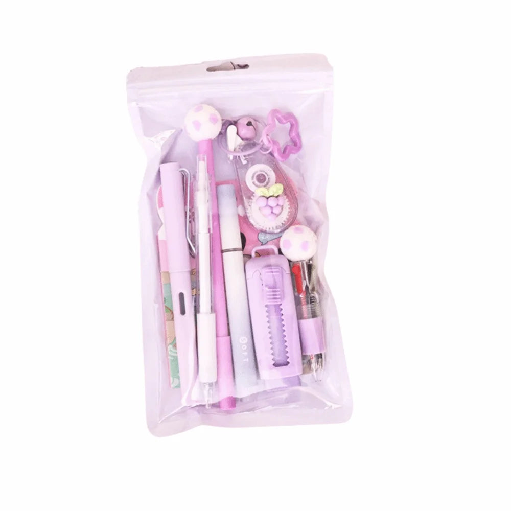 Kit de regalo de papelería escolar con temática de dibujos animados: incluye bolígrafos de 6 colores, notas adhesivas, goma de borrar y estuche de gran capacidad.