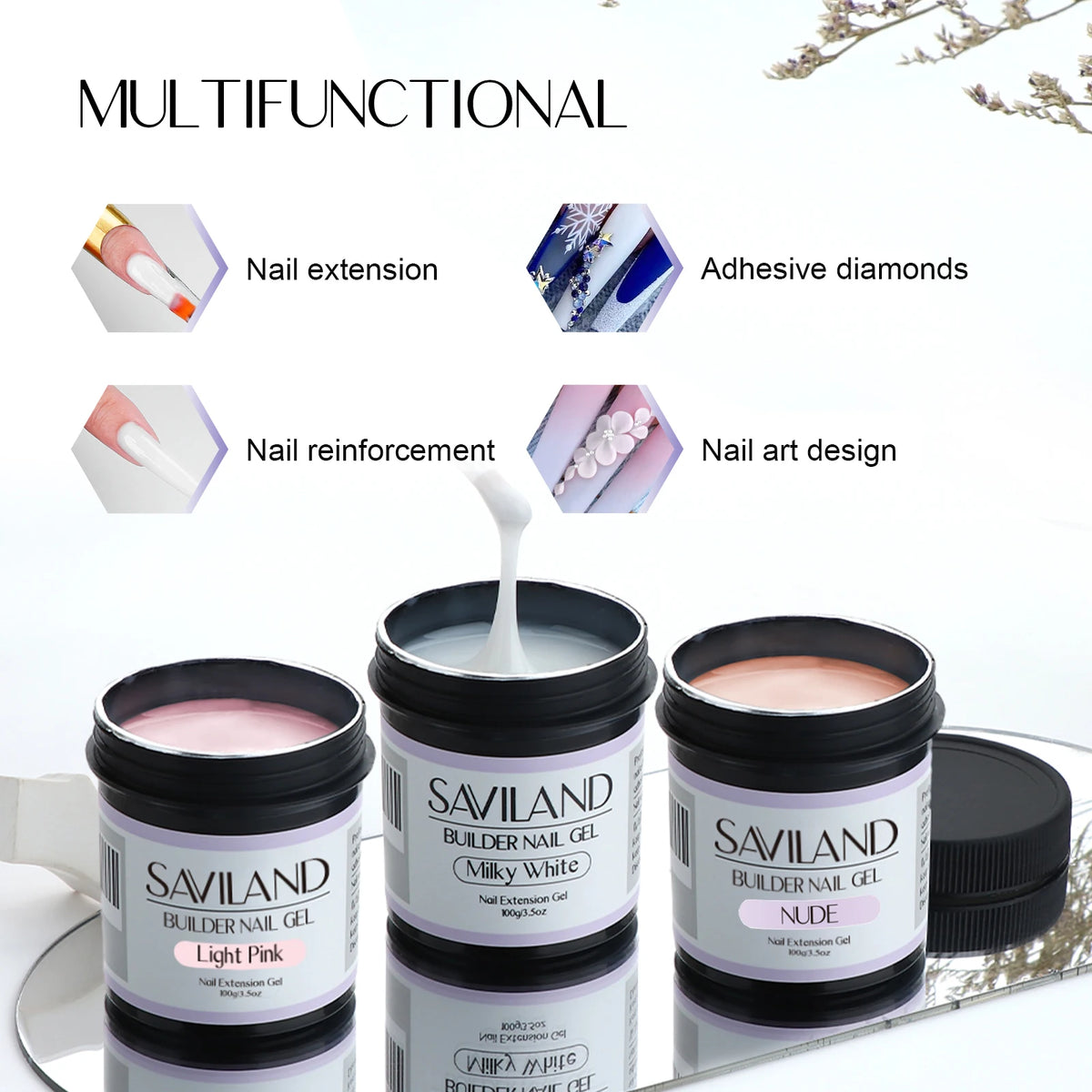 Saviland - Gel constructor de uñas de 100 g (tonos blanco, nude y rosa) para extensión de uñas; gel multifuncional para arte de uñas, tipo Soak-Off (remoción con remojo), curado UV, apto para salón y uso doméstico.