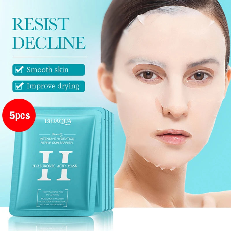 Pack de 5/10 mascarillas faciales BIOAQUA con baba de caracol, ácido hialurónico y retinol; hidratantes y reafirmantes para el cuidado de la piel del rostro.
