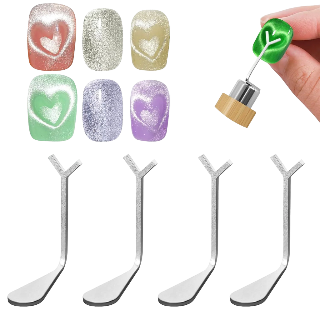Juego de 2 o 3 imanes para uñas con efecto ojo de gato y forma de corazón (incluye varita magnética en forma de Y y cilíndrica) para crear diseños de manicura estilo francés y corazones con efecto ojo de gato.