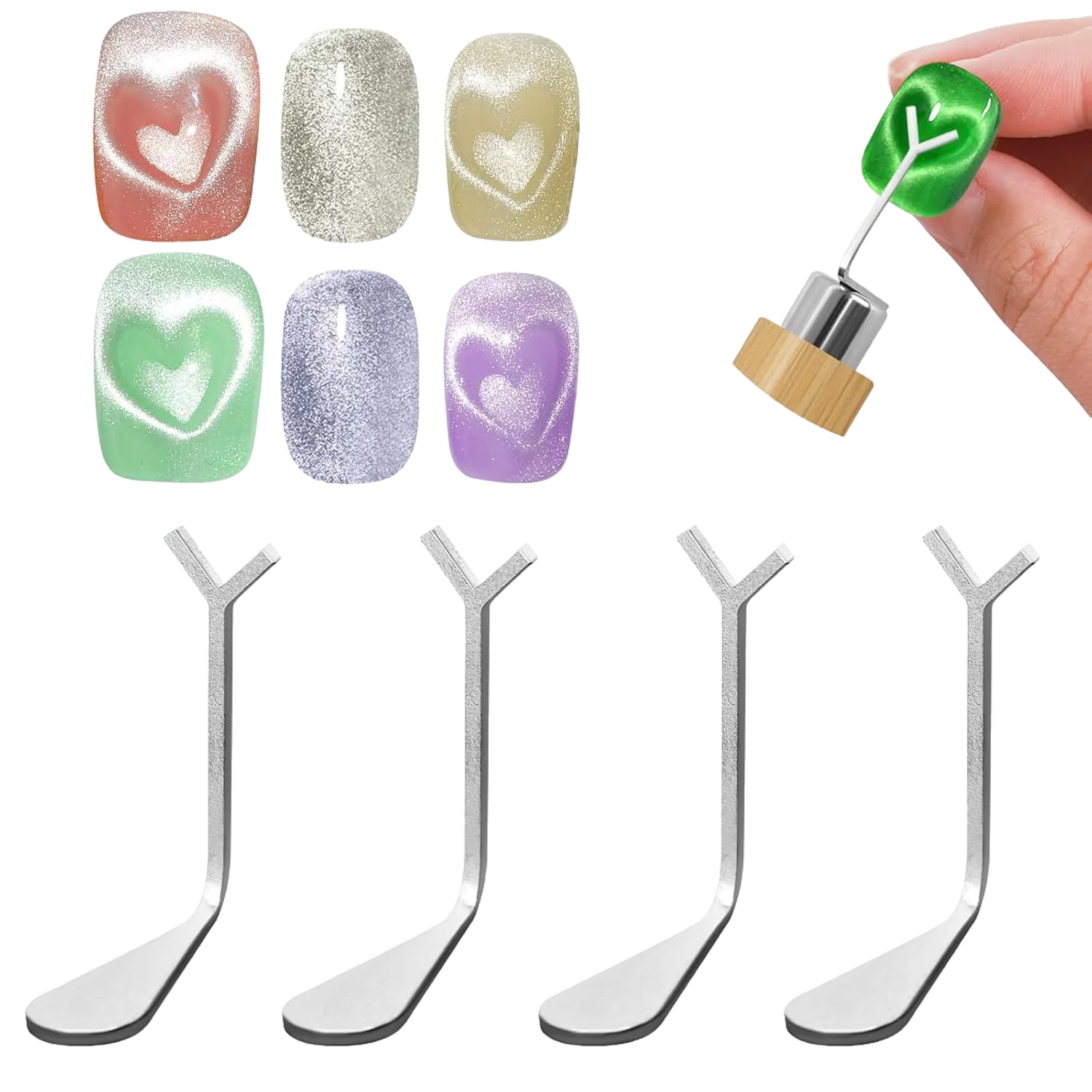 Juego de 2 o 3 imanes para uñas con efecto ojo de gato y forma de corazón (incluye varita magnética en forma de Y y cilíndrica) para crear diseños de manicura estilo francés y corazones con efecto ojo de gato.