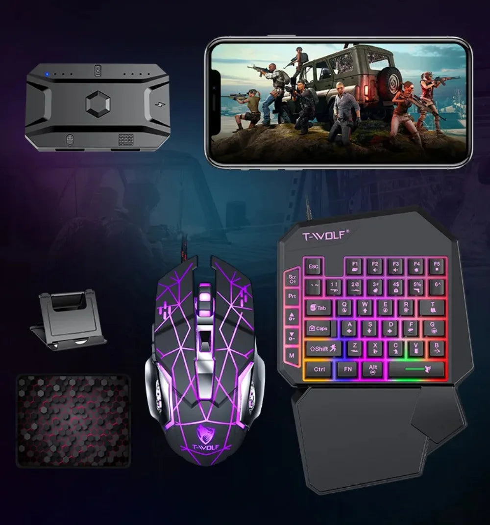 Combo 5 en 1 de teclado y ratón gaming RGB con convertidor para mando de una mano; conexión por cable y baja latencia para PUBG Mobile (Android, iOS y PC).