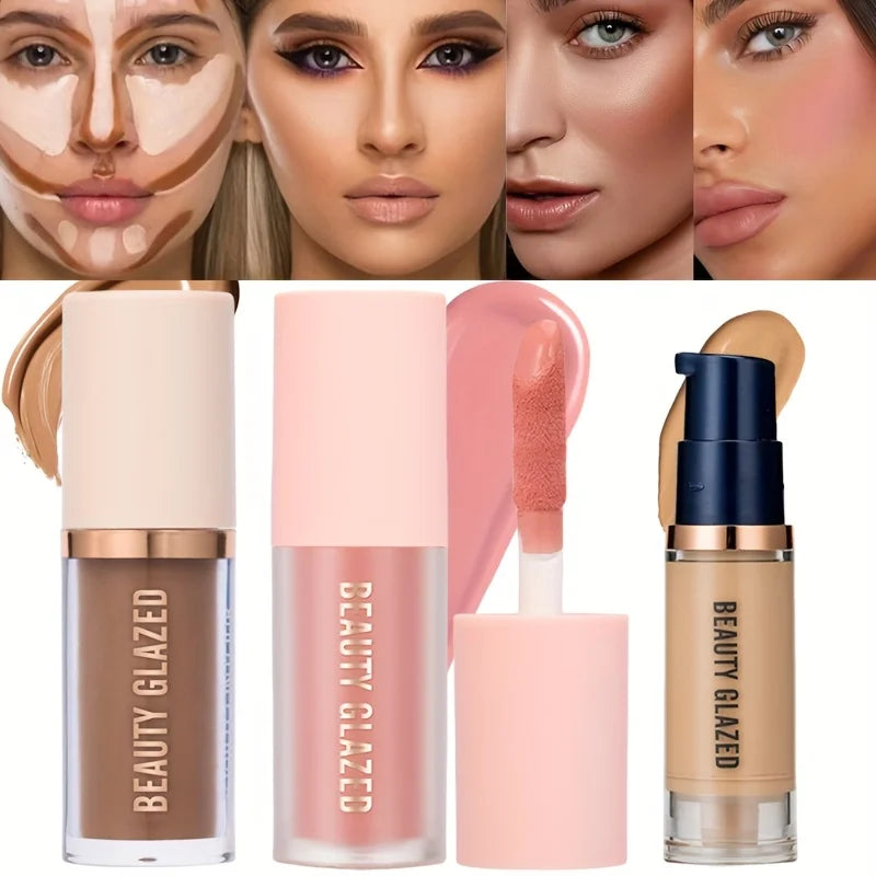 Set de maquillaje facial de 3 piezas (larga duración y resistente al agua): colorete, contorno y base; textura fina, cubre imperfecciones y realza los contornos.