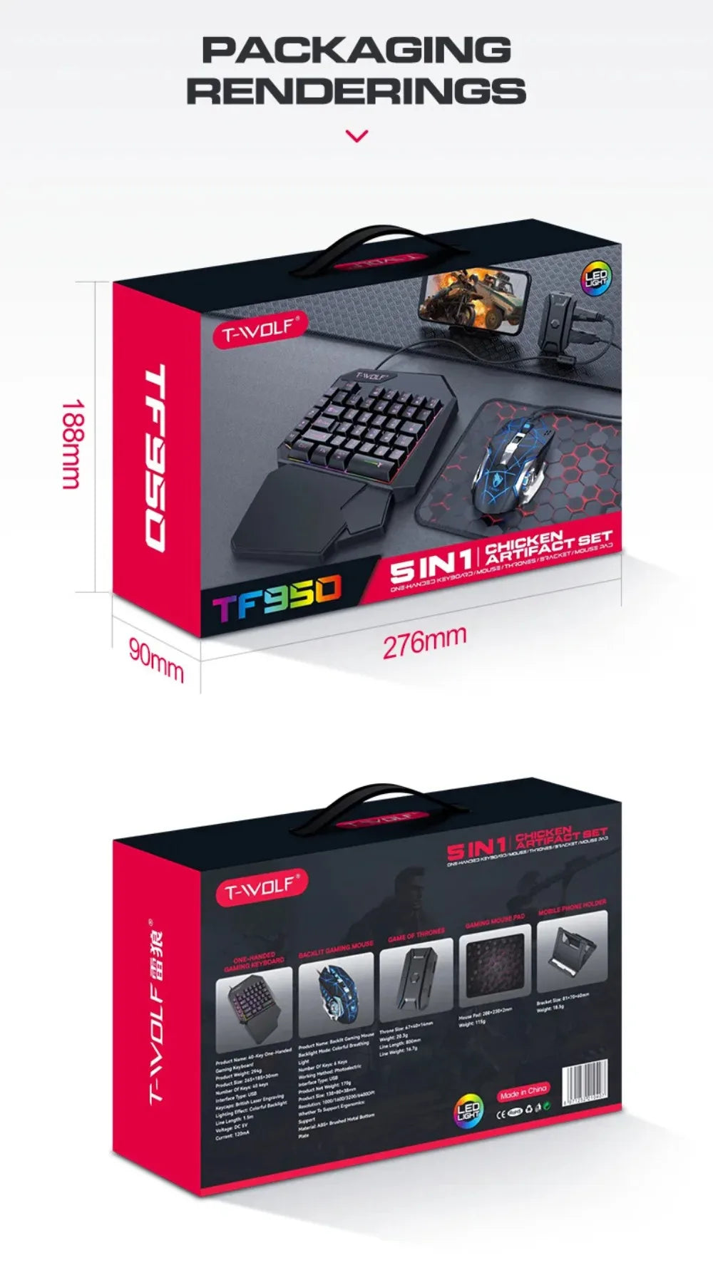 Combo 5 en 1 de teclado y ratón gaming RGB con convertidor para mando de una mano; conexión por cable y baja latencia para PUBG Mobile (Android, iOS y PC).