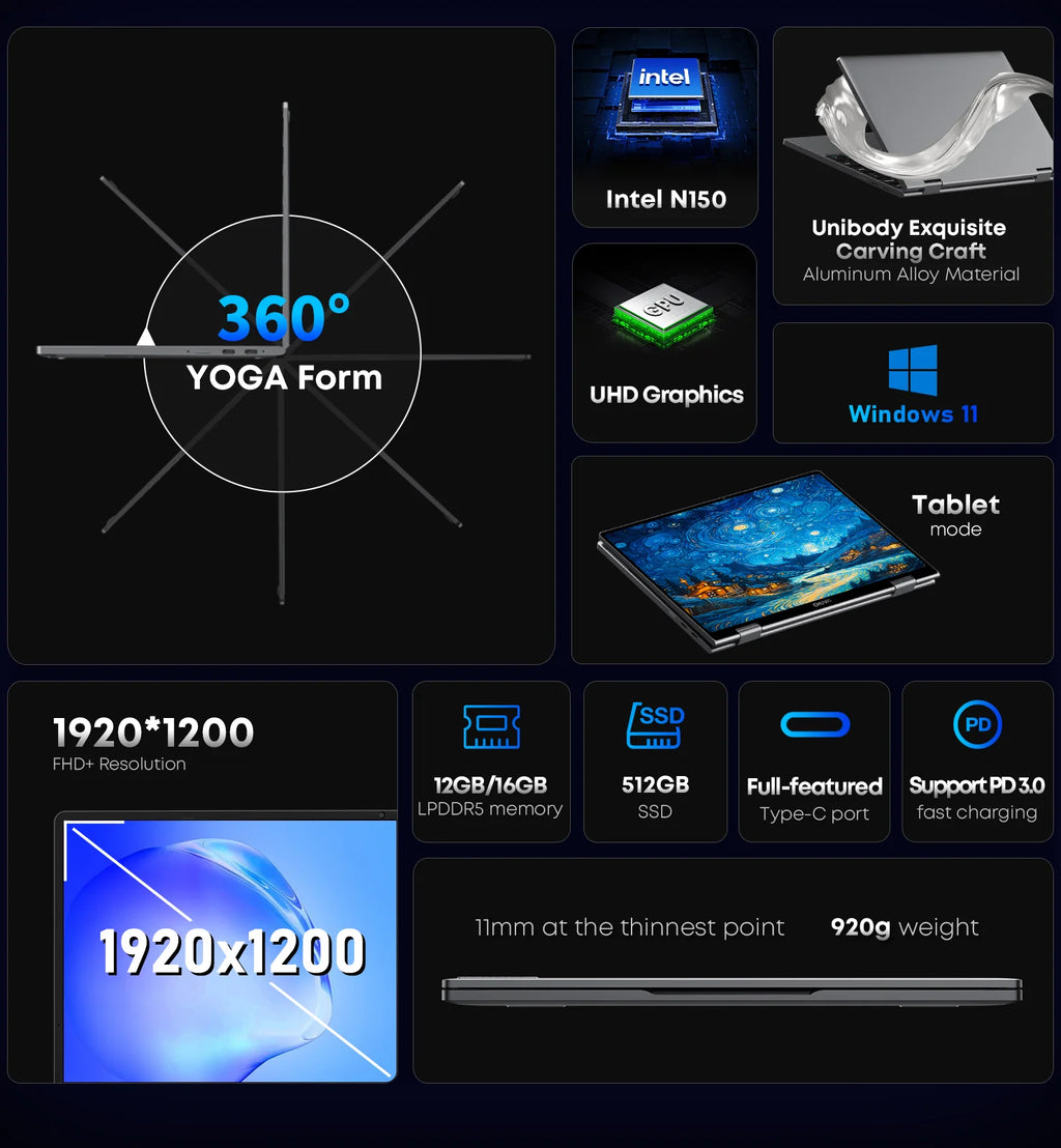 Portátil CHUWI MiniBook X N150 de 10,51 pulgadas, 16 GB de RAM, SSD de 512 GB, diseño 2 en 1 (modo Yoga), Intel, Windows 11, pantalla abatible 360°, WiFi 6.