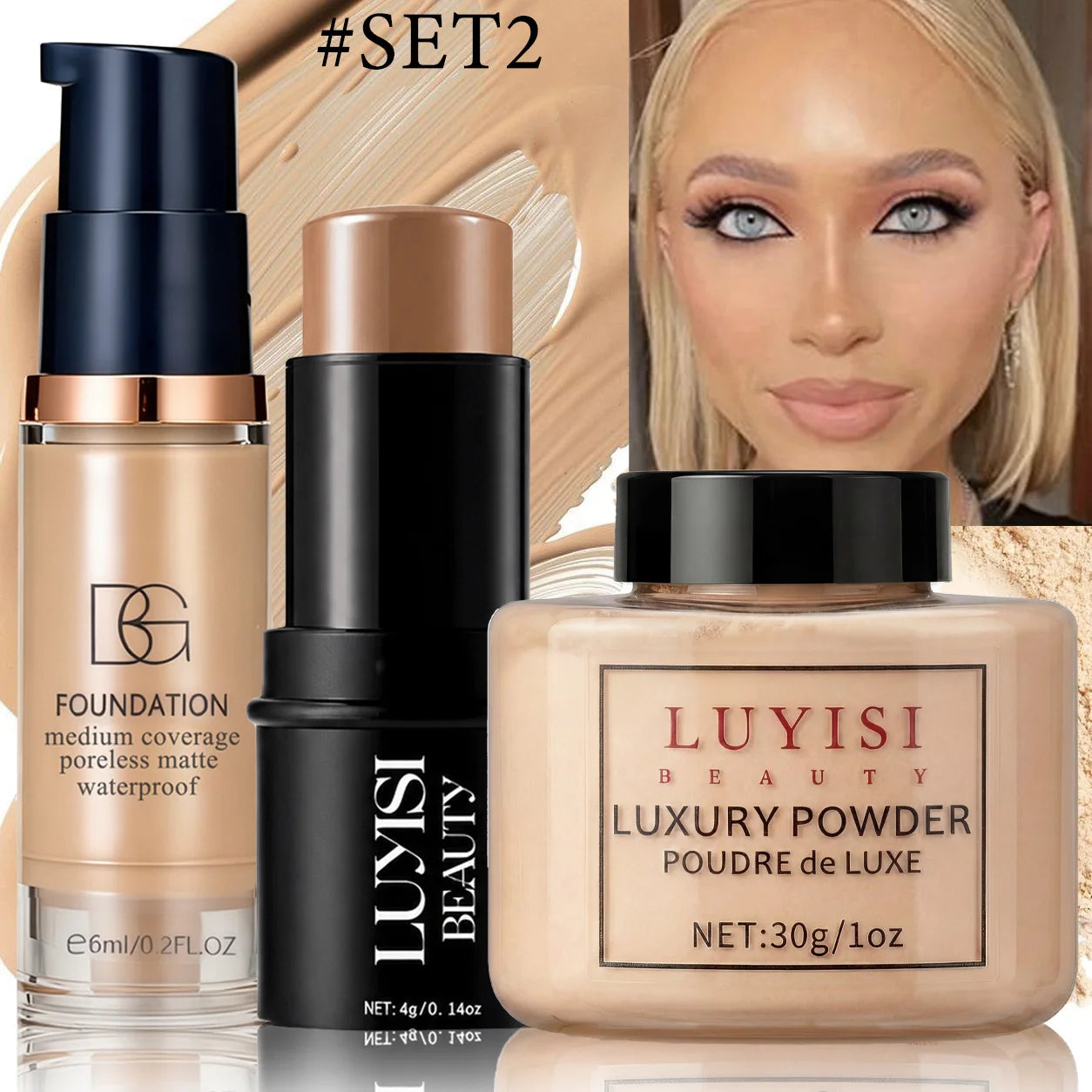 Set de maquillaje facial: 1 base mate, 1 barra de contorno y 1 polvo matificante (control de grasa); cobertura total, resistente al agua y al sudor.