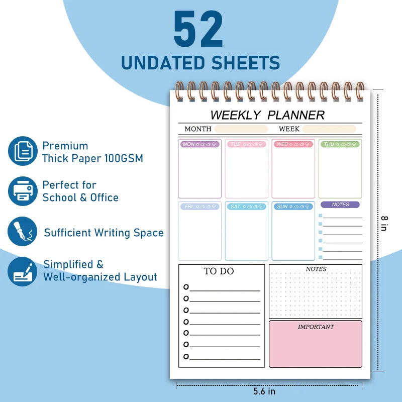 Cuaderno de planificación semanal sencilla: libreta de listas de tareas con 52 hojas de planificación en blanco (8 x 5,6 pulgadas), papel grueso de 120 g y sin fechas para establecer objetivos con flexibilidad.