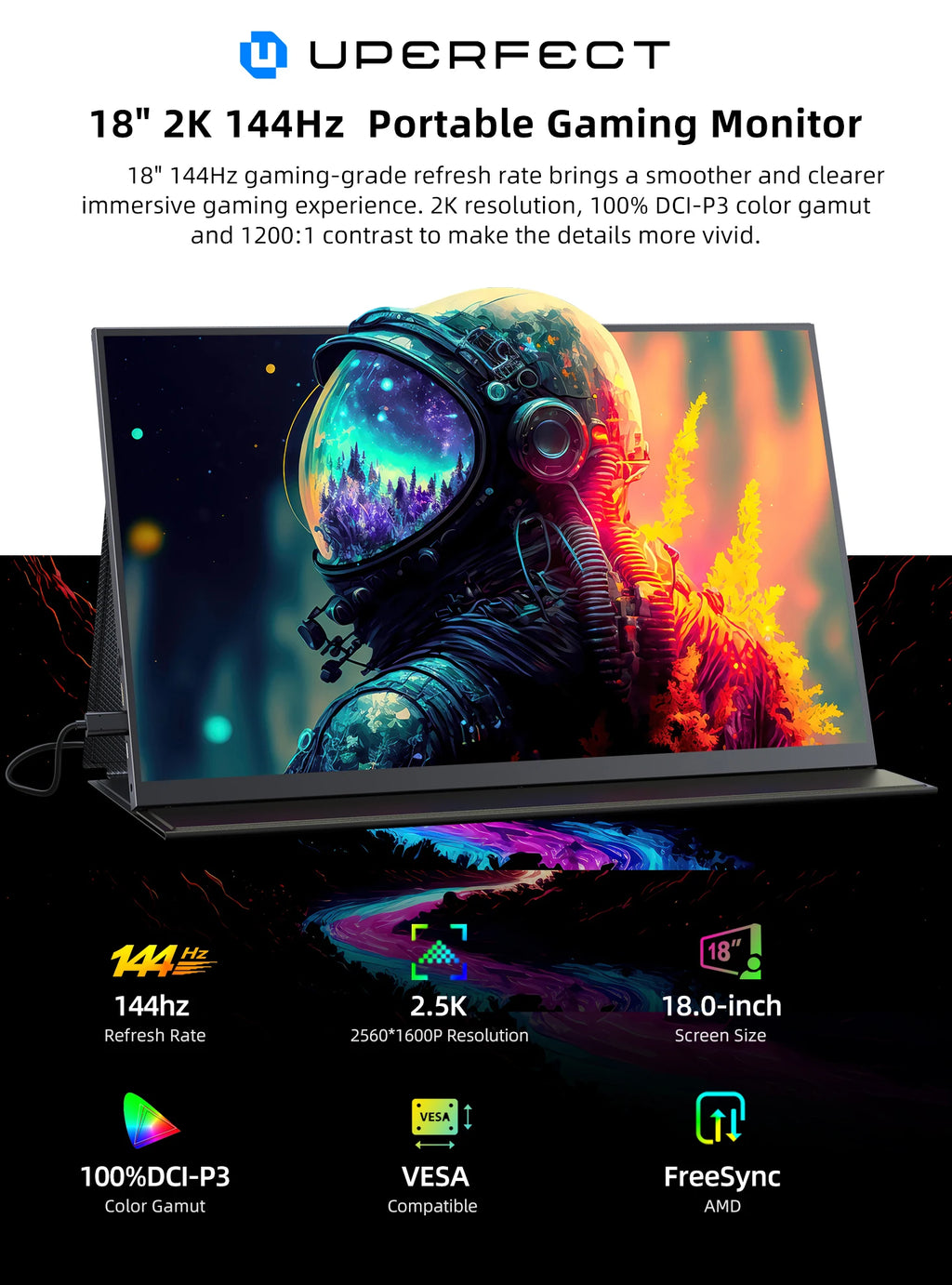 Monitor portátil UPERFECT de 18 pulgadas, 2.5K, 100% DCI-P3, 144 Hz, pantalla gaming con panel IPS LCD mate, FreeSync, HDR y compatibilidad VESA.