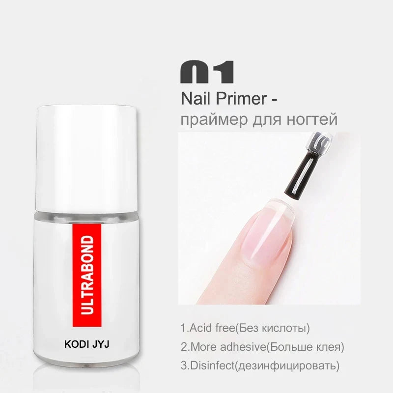 Lote KODI JYJ: Base y Top Coat para esmalte en gel, primer sin ácido, barniz híbrido semipermanente, top coat mate y base de goma (rubber base) espesa.