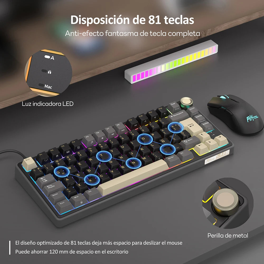 Teclado mecánico RK Royal Kludge R75 (distribución en español) con montaje tipo gasket, formato 80%, retroiluminación RGB, teclas PBT, interruptores intercambiables en caliente (hot-swappable) y rueda de control metálica.