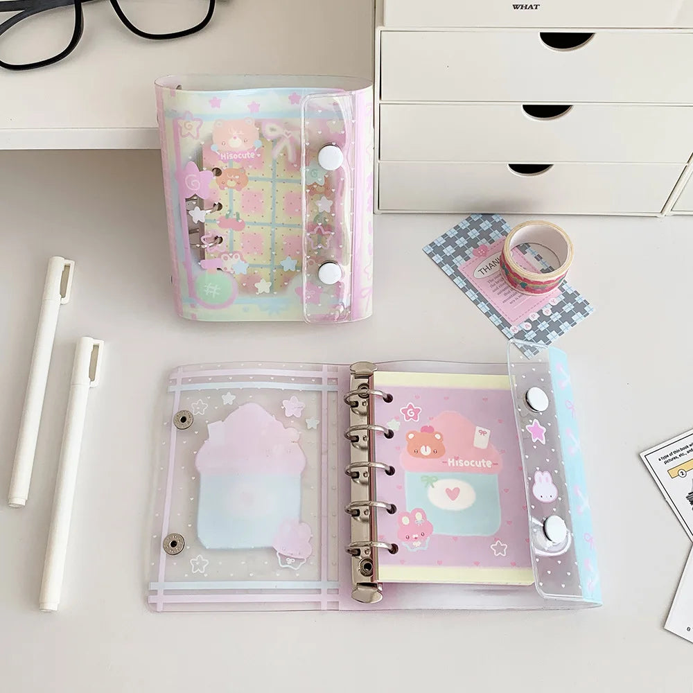 Cuaderno de hojas sueltas M5 con diseño de osito estilo dibujos animados; cuaderno transparente estilo kawaii para estudiantes, artículos de papelería, diario para chicas y libreta de tareas.