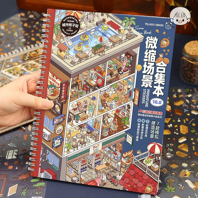 Libro de pegatinas con escenas de ciudades en miniatura (7 escenarios, edición 10.0): pegatinas opacas e impermeables para diarios, álbumes de recortes y manualidades.