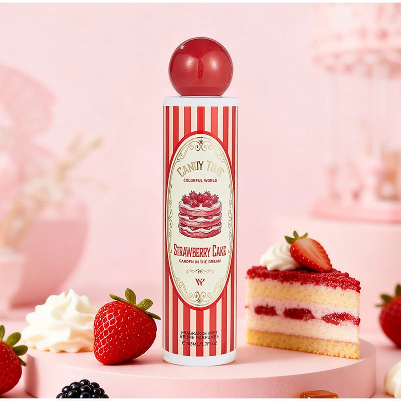 Perfume árabe Dubai Gourmand (168 ml): fragancia fresca y duradera para mujer con notas de coco, pastel de fresa, algodón de azúcar y frutas; formato en spray portátil.