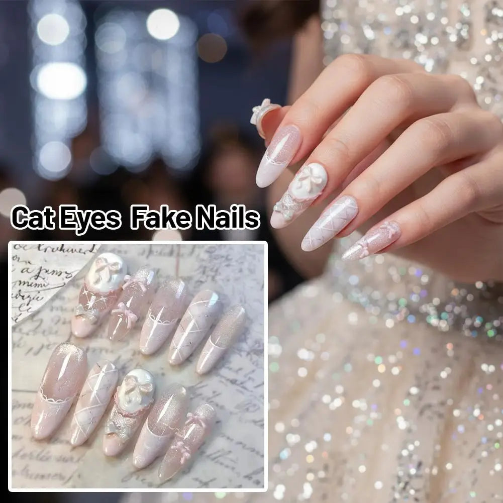 Uñas postizas reutilizables hechas a mano con diseño de mariposa y efecto «ojo de gato» rosa (estilo francés); uñas a presión listas para usar.