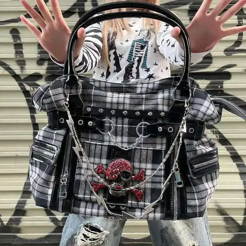 Bolso de hombro rosa a cuadros estilo Y2K; bolso de mano de gran capacidad estilo Harajuku; maletín de lona moderno y original tipo tote punk.