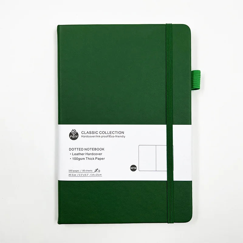 Cuaderno A5 con estampado de puntos y cierre de banda elástica; ideal para oficina, negocios o uso estudiantil; diseño elegante y atractivo.