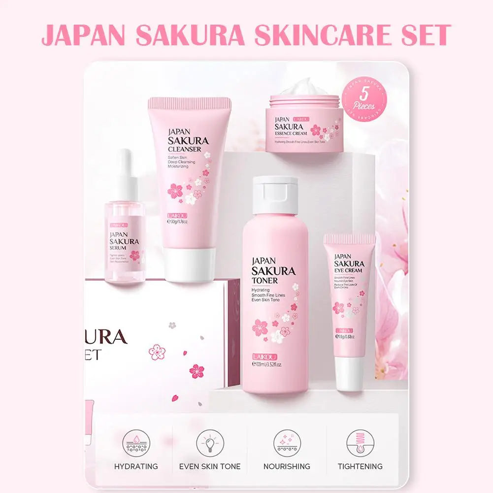 Set de 3 o 5 piezas para el cuidado de la piel con extracto de Sakura: incluye crema facial, sérum, tónico, limpiador facial, protector solar y crema para el contorno de ojos; presentado en caja de regalo.