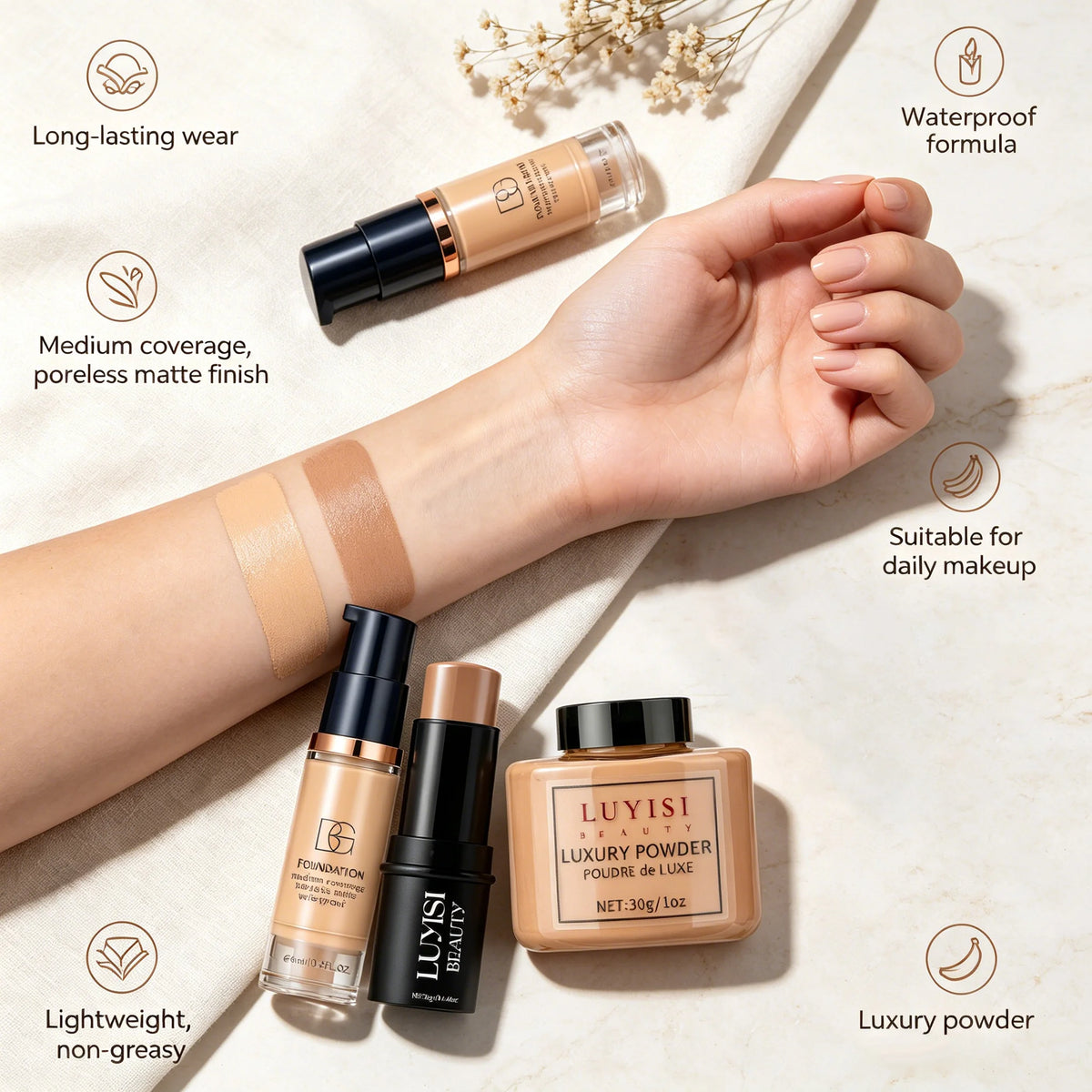 Set de maquillaje facial: 1 base mate, 1 barra de contorno y 1 polvo matificante (control de grasa); cobertura total, resistente al agua y al sudor.