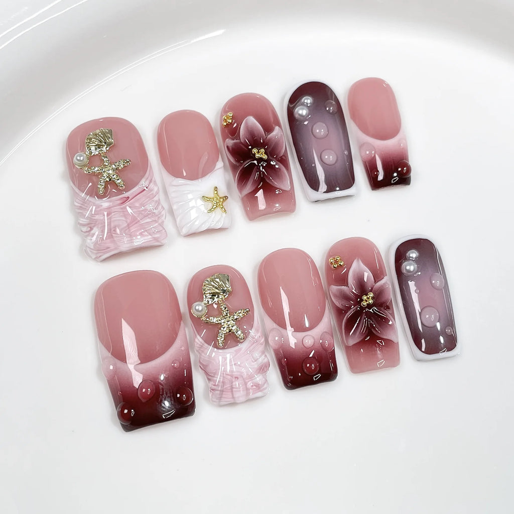 10 piezas de uñas postizas francesas hechas a mano con flores verdes 3D, uñas postizas adhesivas para usar, uñas postizas