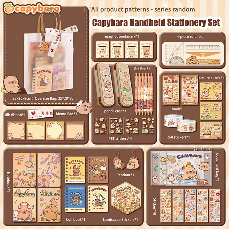 Nuevo set de papelería Kawaii de carpincho: incluye un bolso adorable con diseño de dibujos animados y artículos de papelería; ideal para oficina, estudiantes o como regalo de cumpleaños.