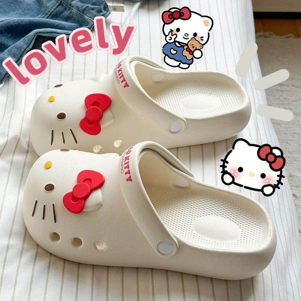 Zapatillas de plataforma antideslizantes y transpirables Hello Kitty para mujer: diseño ligero, cerrado y calado; calzado multifuncional para playa y casa.