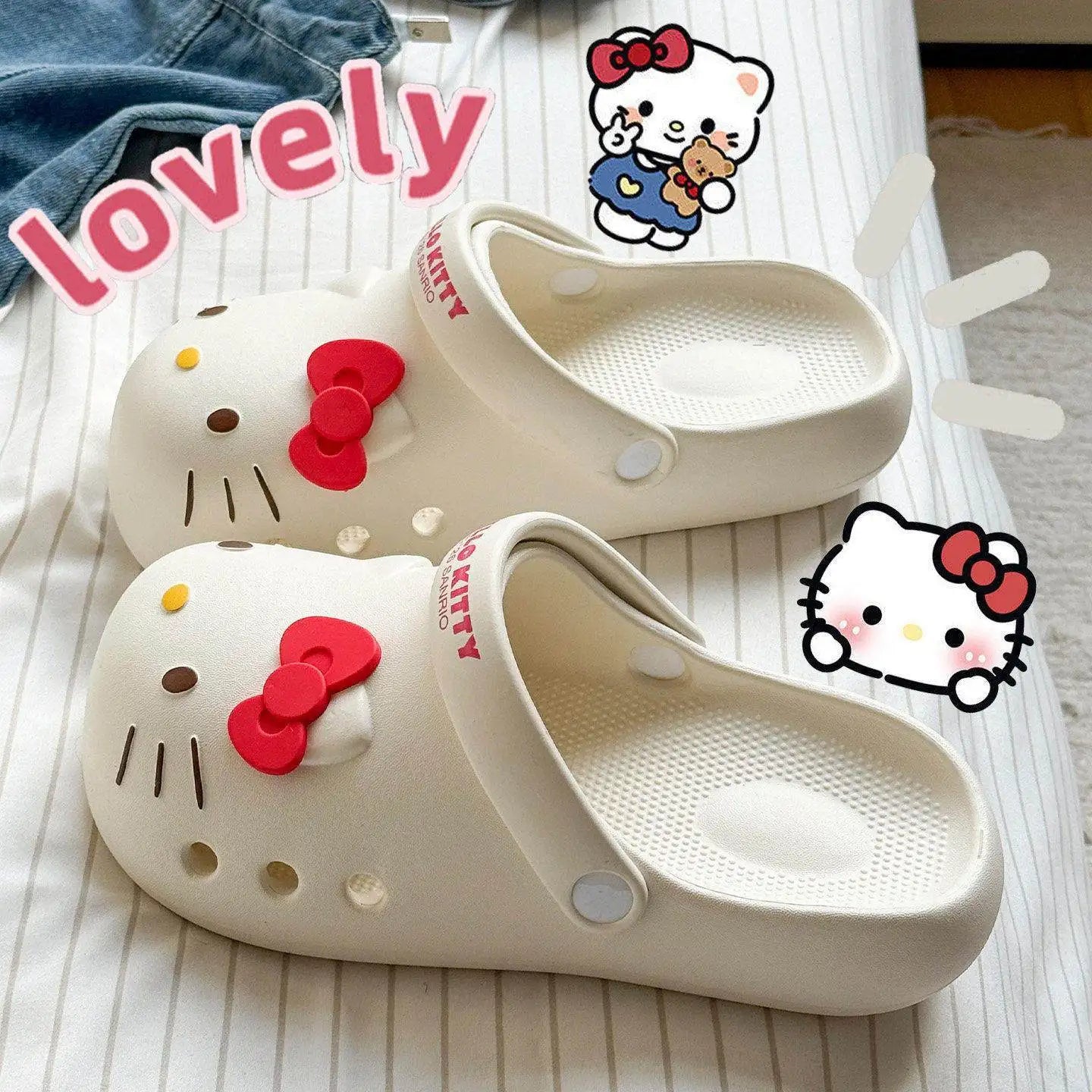 Zapatillas de plataforma antideslizantes y transpirables Hello Kitty para mujer: diseño ligero, cerrado y calado; calzado multifuncional para playa y casa.