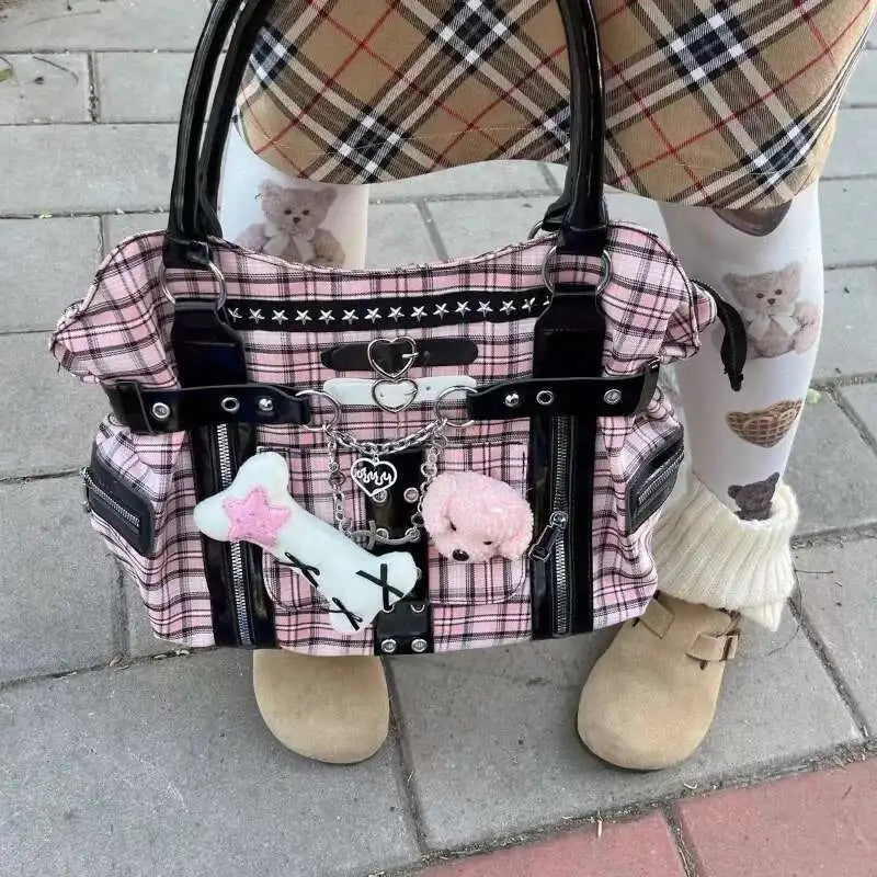 Bolso de hombro rosa a cuadros estilo Y2K; bolso de mano de gran capacidad estilo Harajuku; maletín de lona moderno y original tipo tote punk.