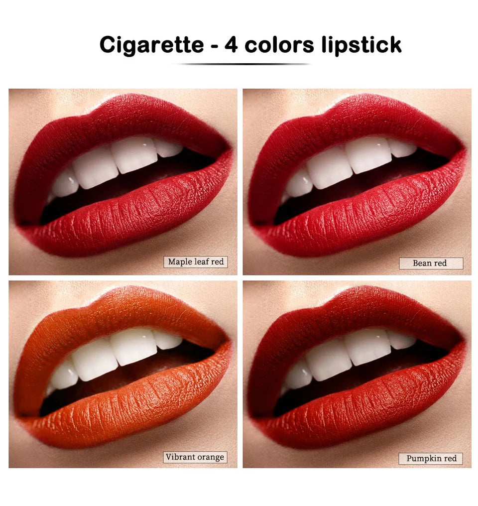 Set de maquillaje de labios de 4 colores: labiales, tintas y brillos labiales; fórmula mate, resistente al agua y de larga duración.