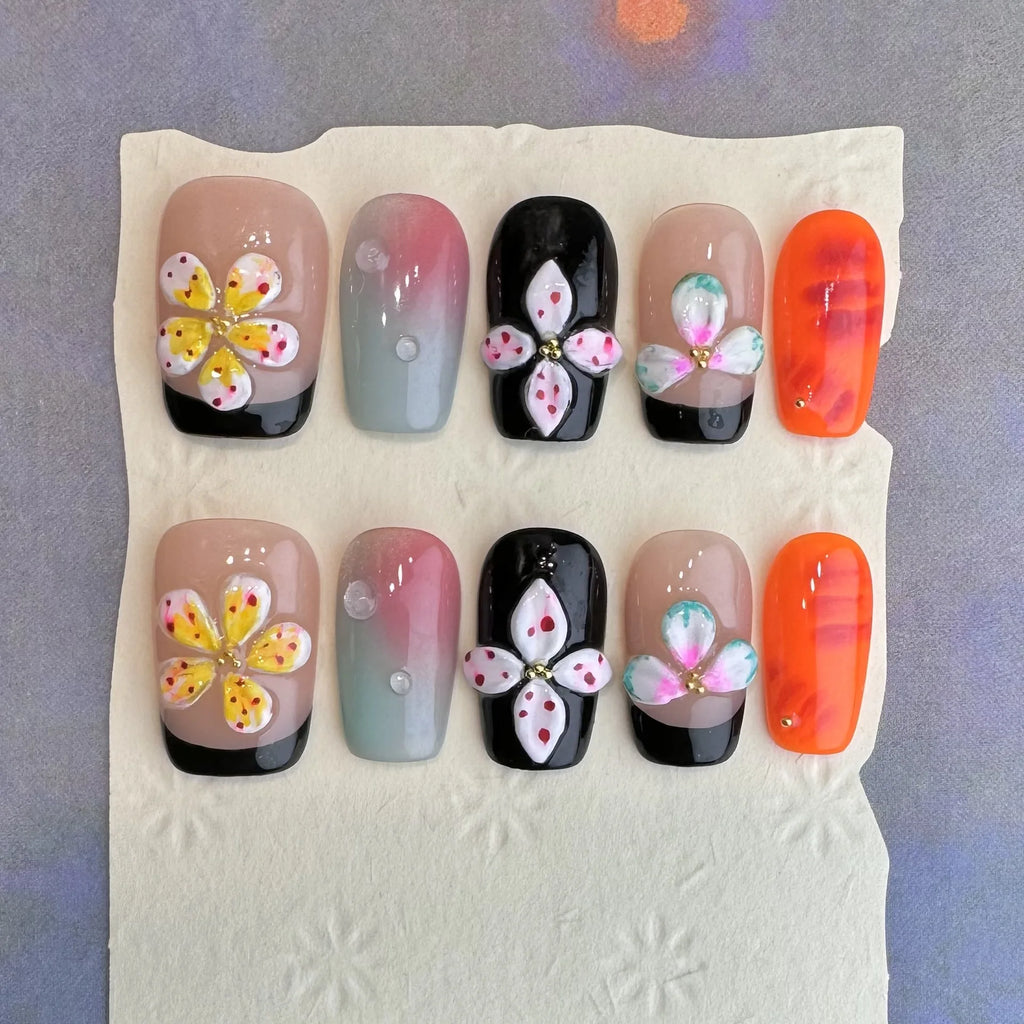 10 piezas de uñas postizas francesas hechas a mano con flores verdes 3D, uñas postizas adhesivas para usar, uñas postizas