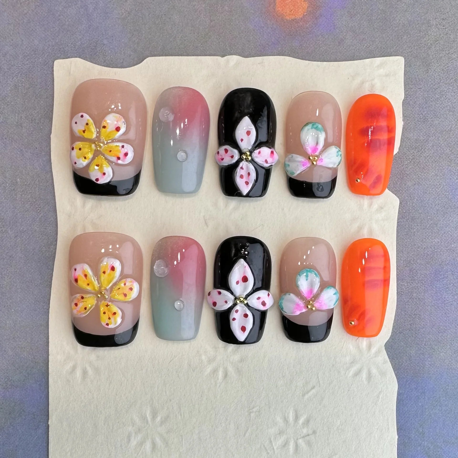 10 piezas de uñas postizas francesas hechas a mano con flores verdes 3D, uñas postizas adhesivas para usar, uñas postizas
