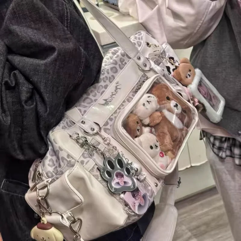 Nuevo bolso de hombro estilo Y2K con estampado de leopardo y panel transparente ; bolso cruzado de gran capacidad,