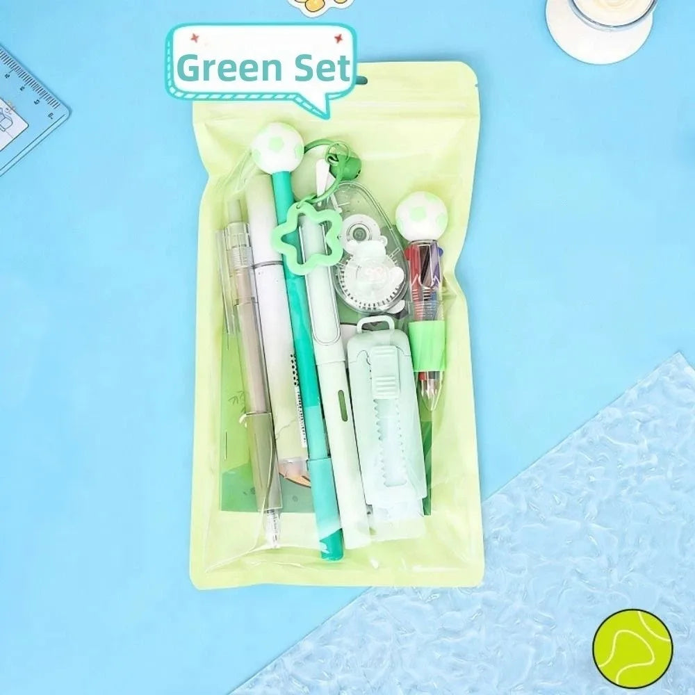 Kit de regalo de papelería escolar con temática de dibujos animados: incluye bolígrafos de 6 colores, notas adhesivas, goma de borrar y estuche de gran capacidad.