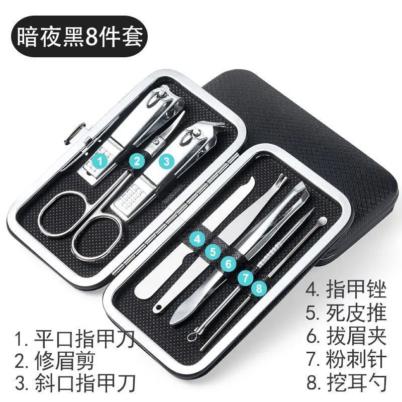 Juego de 19 piezas de acero inoxidable: cortaúñas, cortaúñas diagonales, herramientas para pedicura, limpiadores de oídos, cucharillas y kit de decoración de uñas.