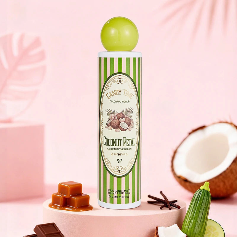 Perfume árabe Dubai Gourmand (168 ml): fragancia fresca y duradera para mujer con notas de coco, pastel de fresa, algodón de azúcar y frutas; formato en spray portátil.