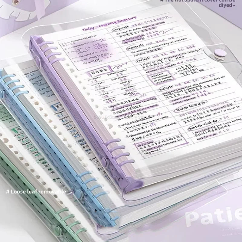 Cuaderno A5 de hojas sueltas (60 hojas/120 páginas) con cubierta de piel sintética flexible y translúcida, anillas desmontables y rayado horizontal.