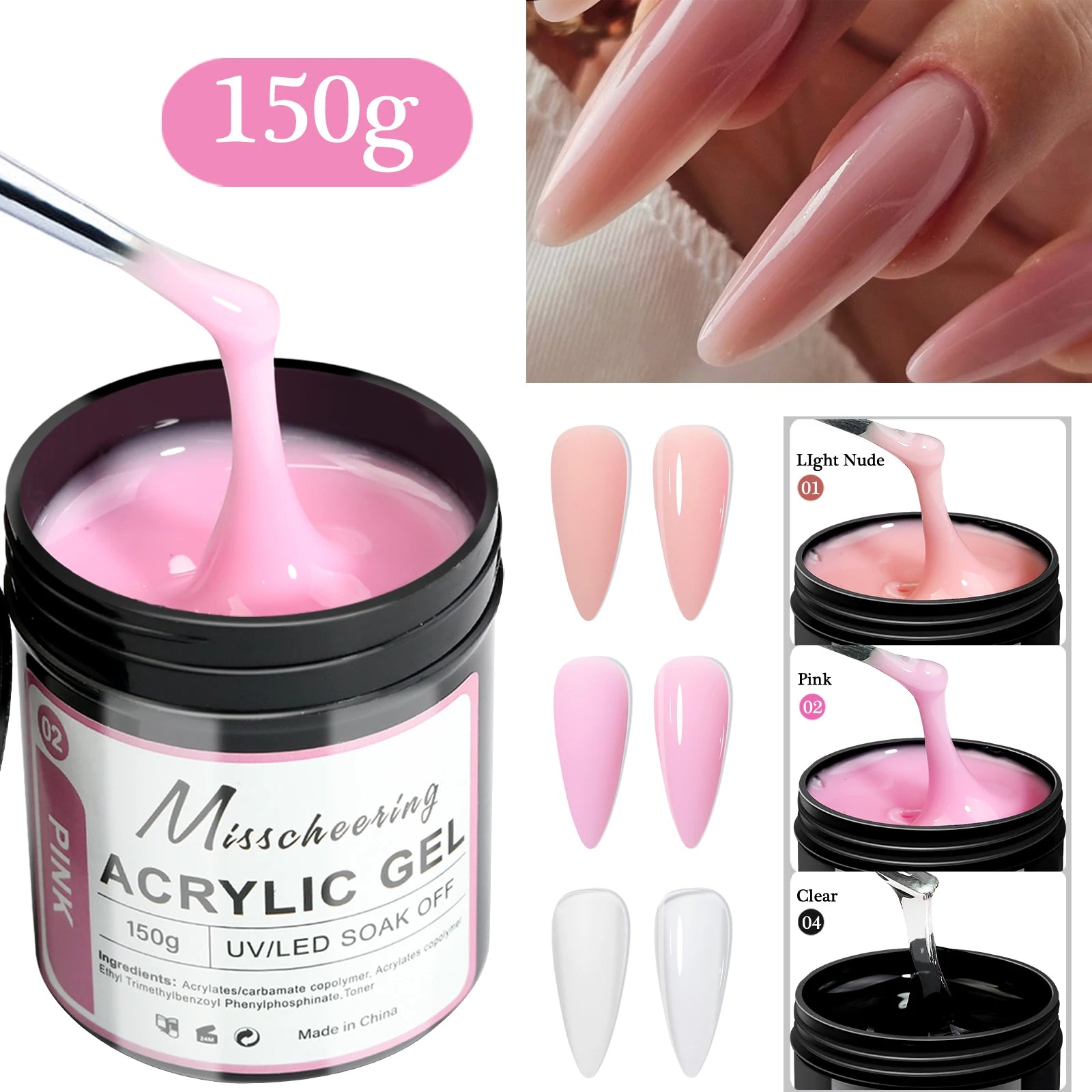 Set de 2 o 3 tarros de gel de poliacrílico (Poly Gel) para uñas: gel constructor de secado UV/LED en tonos nude claro, rosa y transparente; geles sólidos para extensiones de uñas, ideales para uso doméstico o en salón.