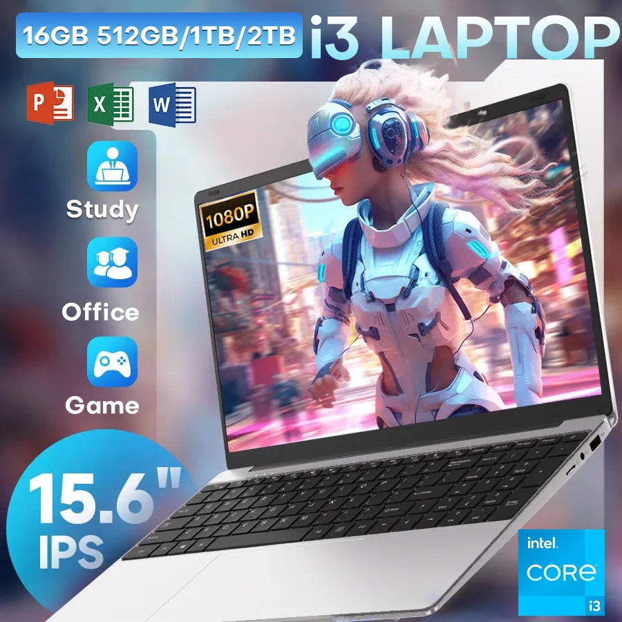 Portátil Xiaman de 15,6 pulgadas con procesador Intel Core i3, desbloqueo por huella dactilar, Windows 11 Pro, 16 GB de RAM, SSD de 512 GB o 1 TB y pantalla Full HD (1080p).